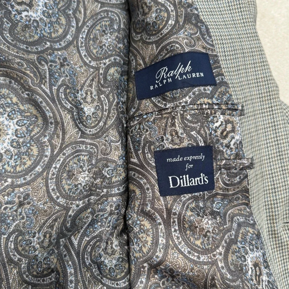 Ralph Lauren Silk Wool Houndstooth‎ Blazer Grey Blue 40R Dillard's Sport Coat